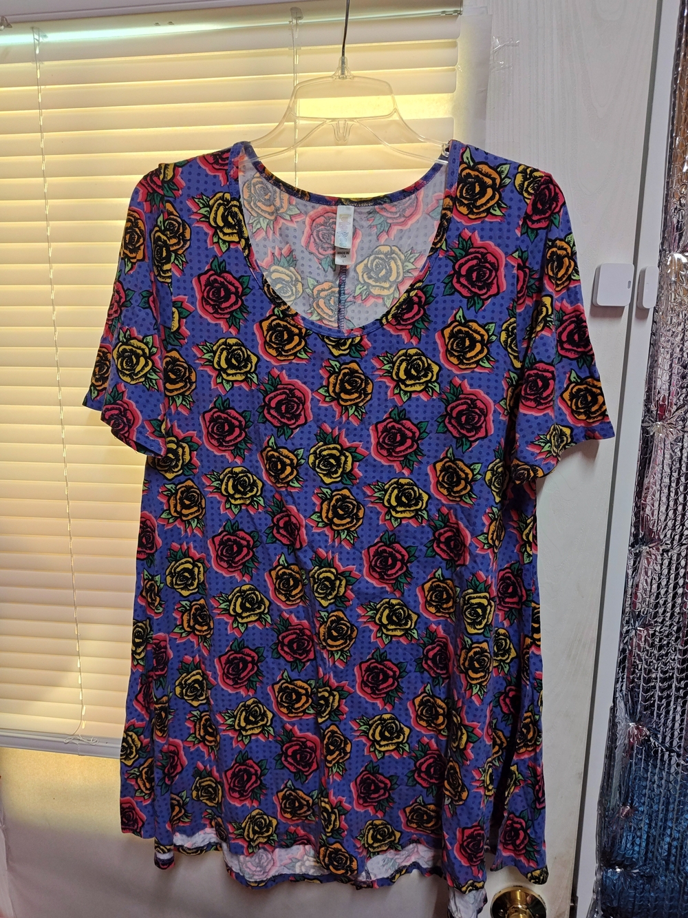 LuLaRoe Purple Top with Pink and Yellow Rose Print